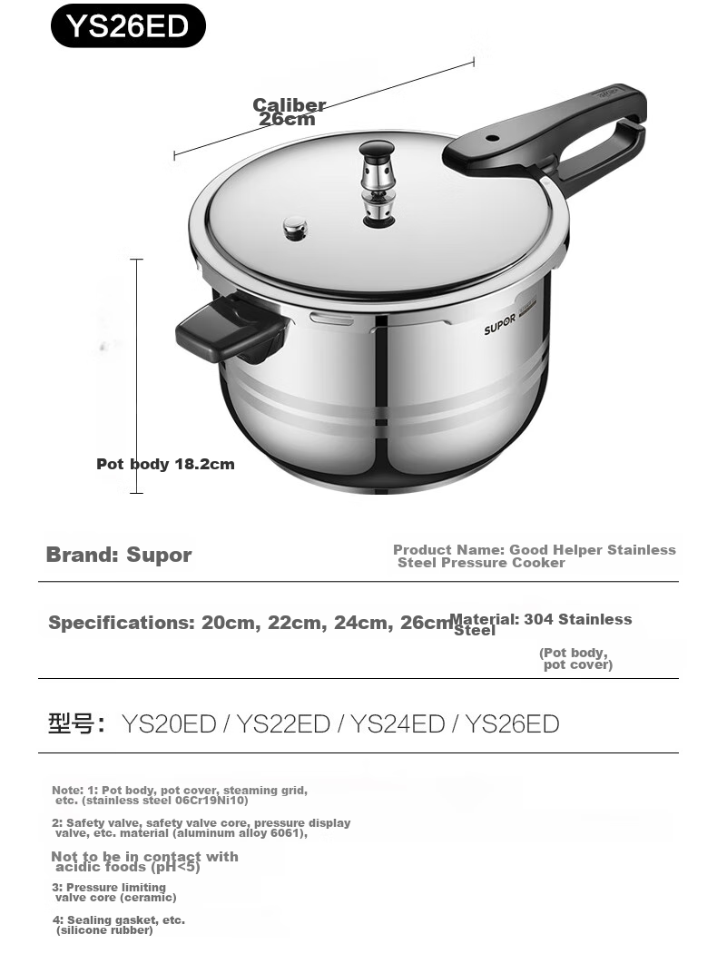 SUPOR 304 Stainless Steel 9L Pressure Cooker, 26cm [Suitable for 4-6 People], Explosion-Proof High Pressure Cooker, Compatible with Induction Cookers, Large Capacity 20
