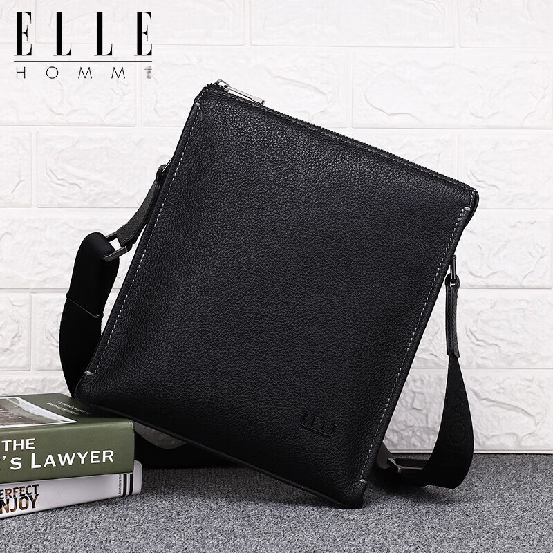 ELLE HOMME Men's Business Shoulder Bag, Fashionable Top-Grain Leather Crossbody Bag with Large Capacity, Lychee Pattern Men's Bag EA088204740 Black Birthday Gift for Boyfriend