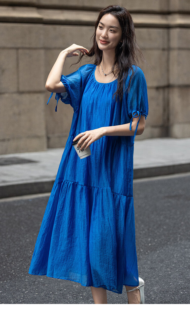 Dme Relaxed Fit Round Neck Long Dress Summer Vacation Fabric Textured Sleeve Cuff Drawstring Design Dress 2