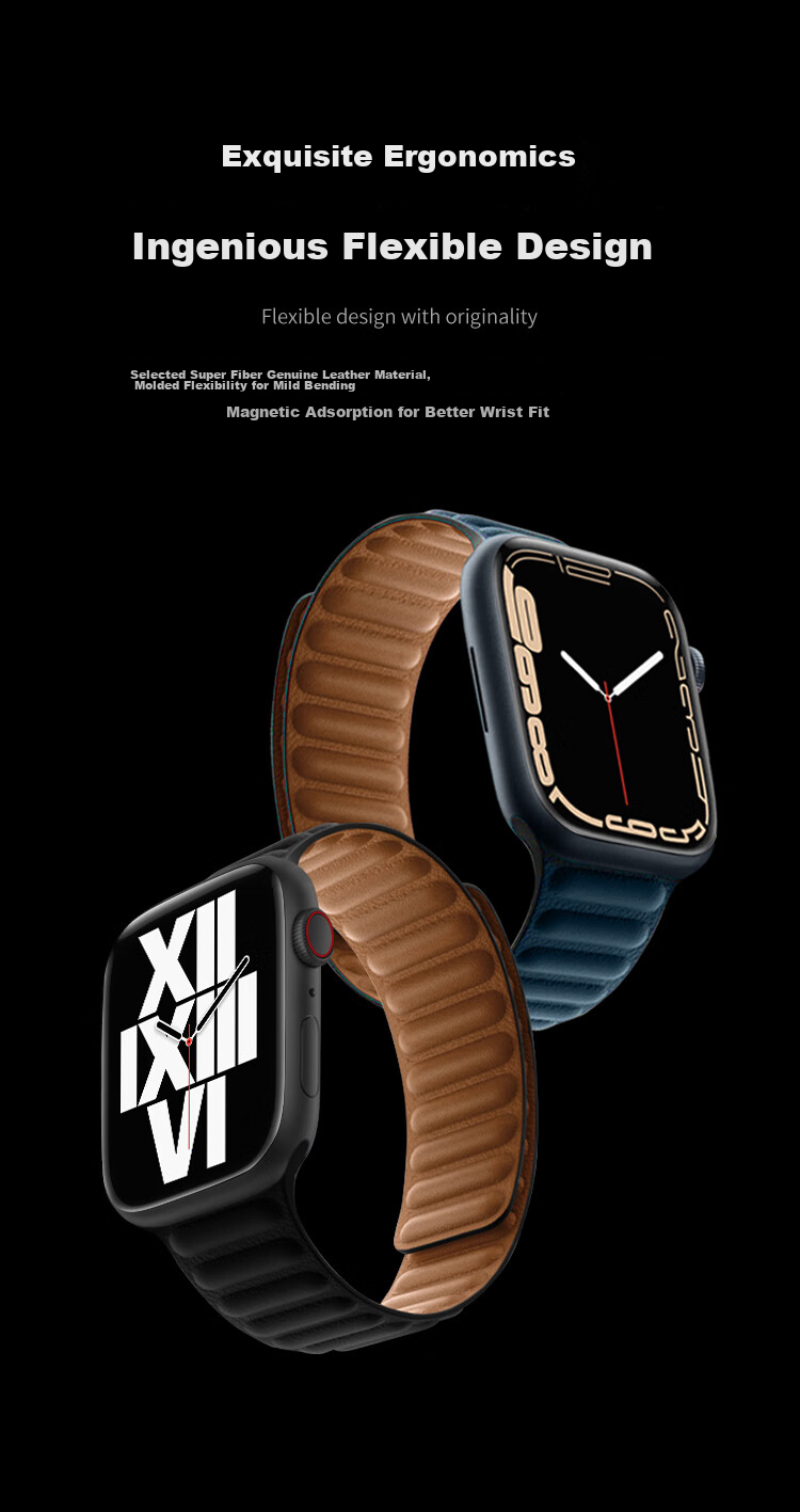 MSSM Leather Strap Compatible with Apple Watch S12/11/ultra4/S10/9/SE3, Magnetic Wristband [Deep Blue] 44-49mm 3