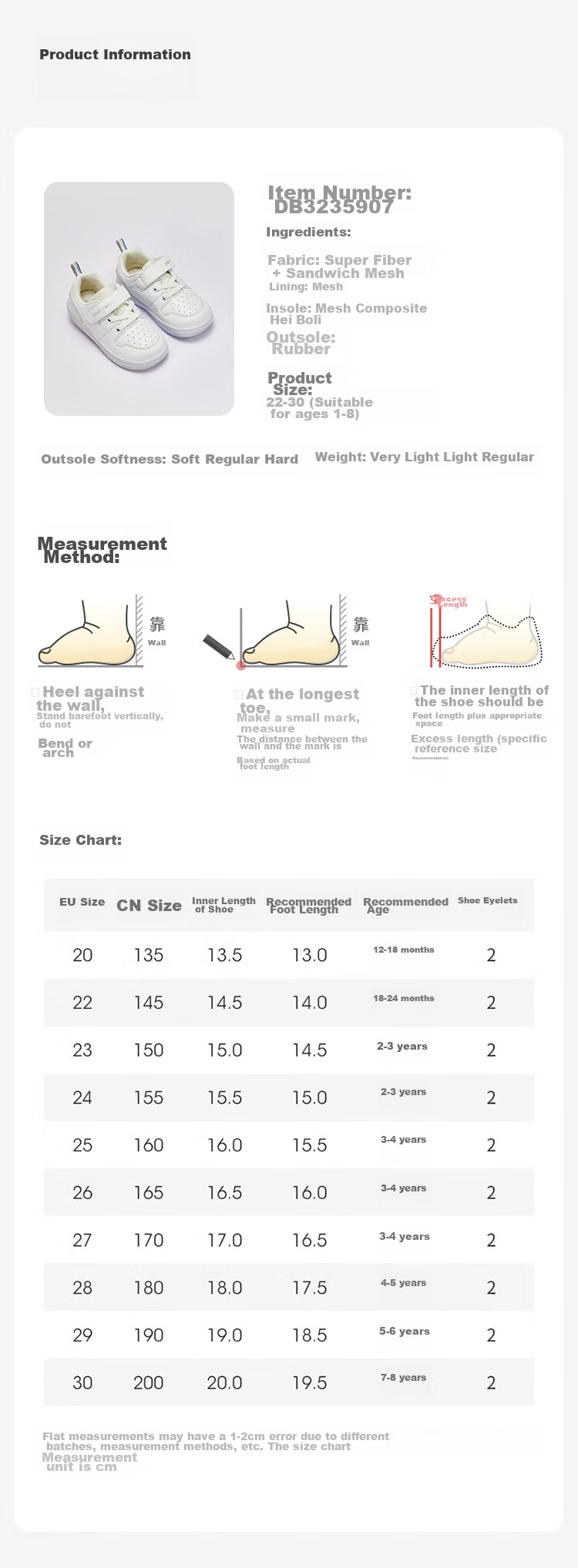 DAVE & BELLA Girls' Sneakers, Children's Baby White Shoes, Soft-Soled Shoes, Spring Boys' Kindergarten Children's Functional Shoes 8