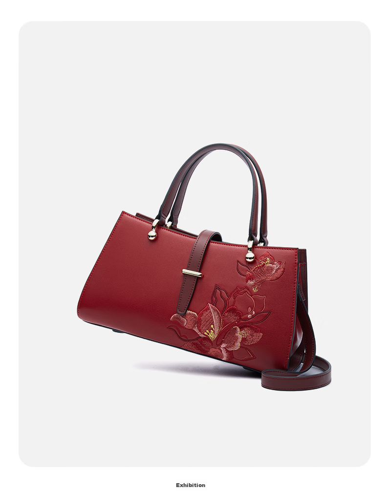PmSix Women's Handbag, Cowhide Leather Embroidery, Red Wedding Bag, Large Capacity Crossbody Bag for Middle-Aged Women, Birthday Gift for Mom 12