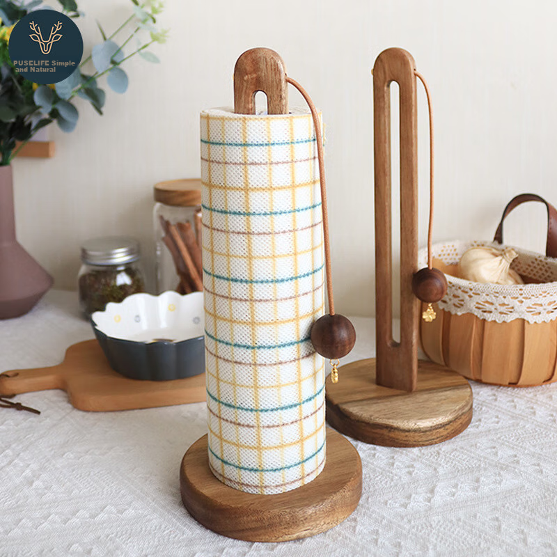 Fanyejia Solid Wood Kitchen Paper Towel Holder, No Drilling Required, Roll Paper Storage Rack, Lazy Person's Cloth And Plastic Wrap Organizer, Vertical Storage Shelf