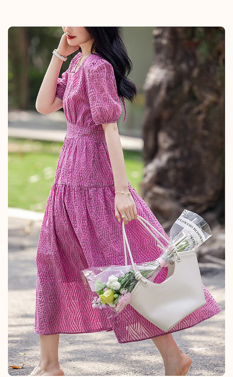 Dme [Bubble Pleated Texture] Summer French Square Neck Cotton Waist-Cinching Ruched Wide-Leg Waist-Cinching Dress 3