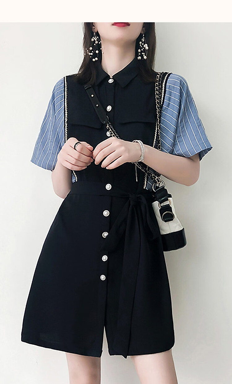 Dme [French Light Mature Commuter Style], Summer Simple Style, Turn-Down Collar, Waist-Cinching Short-Sleeve, Vintage Striped Patchwork Dress for Wome 14