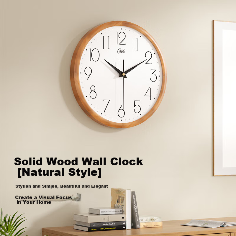 Compas Solid Wood Wall Clock Living Room Silent Simple Bedroom Quartz Wall Clock 14SM1 Natural Wood Color (35cm)