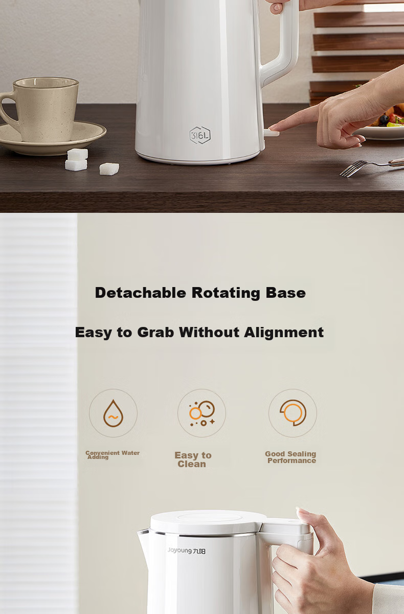 Joyoung Electric Kettle, 2L Large Capacity, 316L Stainless Steel Seamless Inner Tank, No Glue, Household Water Boiler, K20FD-W513 18