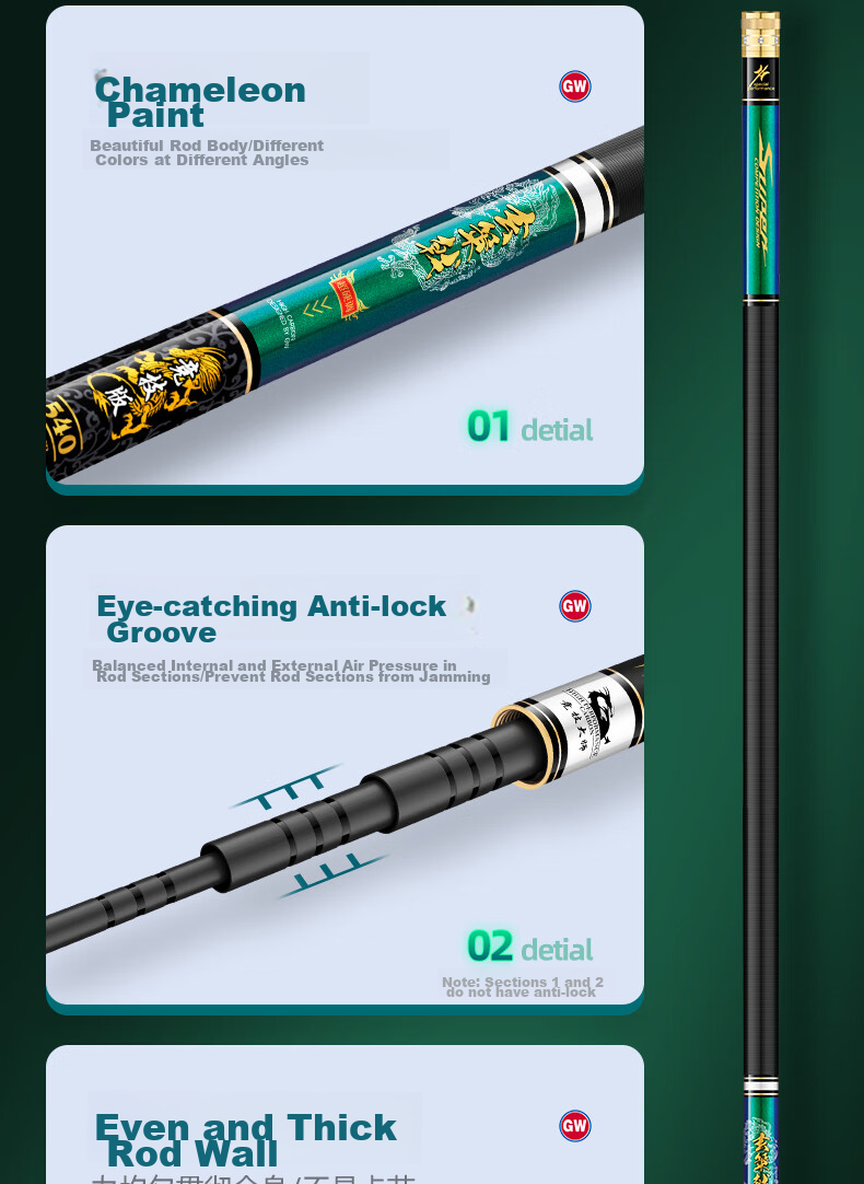 GW Fishing Rod Xuance Jijie Version 7.2, Ultra-Light And Hard, 28 Sections, High Carbon Fiber, Carp Fishing Rod, Black Pit Rod 16