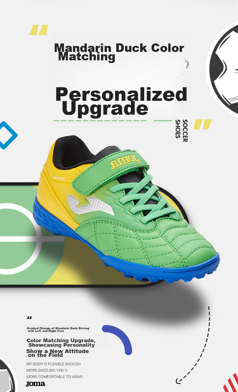 JOMA Velcro Children's Soccer Cleats, Molded Studs for Boys And Girls, Youth Student TF Football Training Shoes, Yellow-Green, Size 29 2