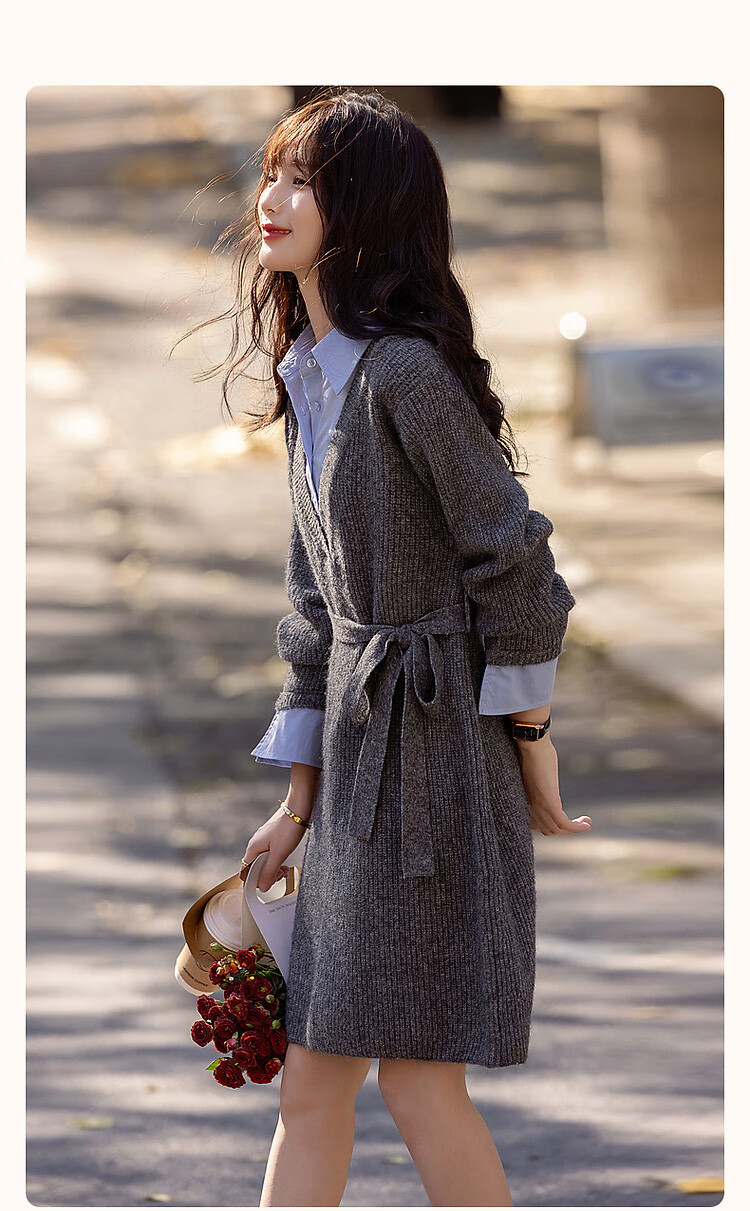 Dme [Tianyan Gaozhi Chande] Winter Faux Two-Piece Color-Block Belt with Breathable Merino Wool A-Line Dress for Wome 2