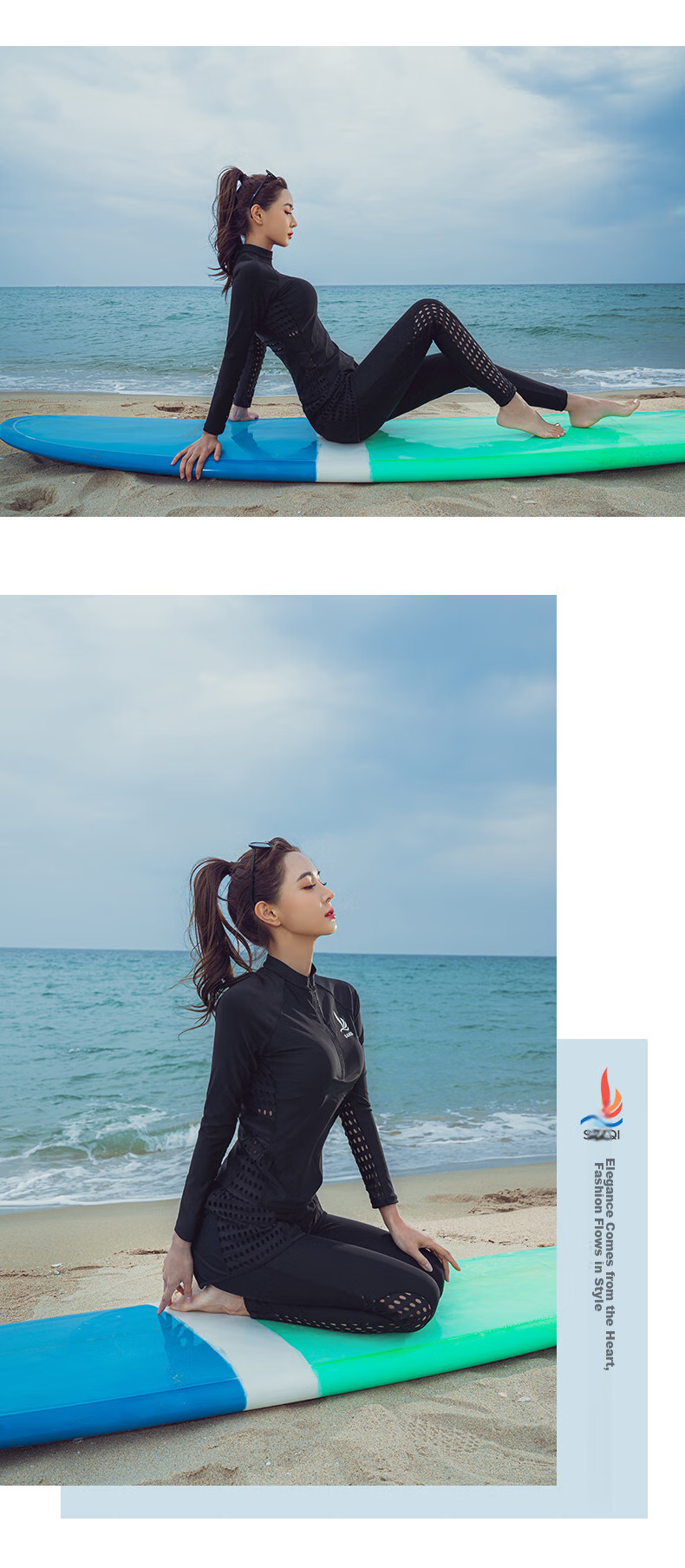 Sanqi Women's Two-Piece Swimsuit, Conservative Long-Sleeve Top And Long Pants Set for Hot Springs, Diving Suit Swimwear 21007 Black Size M 9