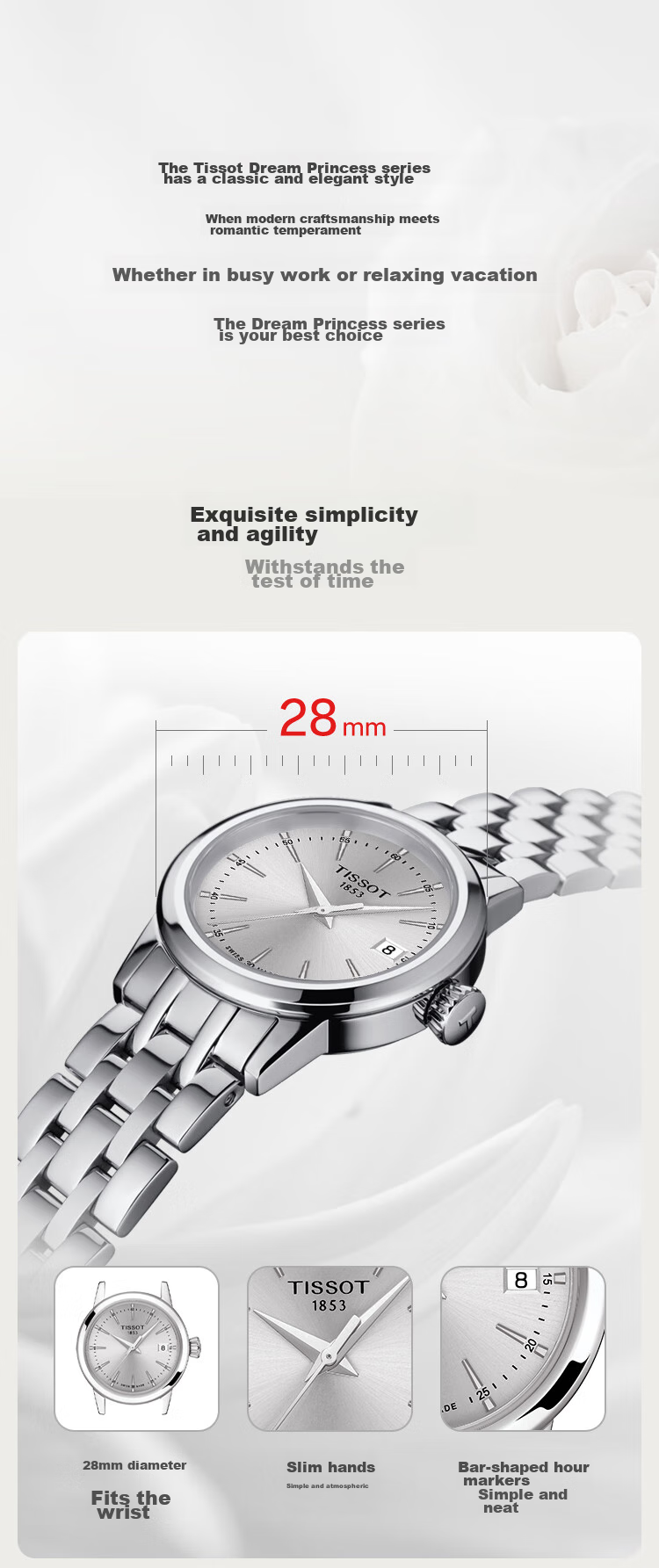 TISSOT Watch, Dream Round Series Women's Watch, Swiss Quartz Ladies Steel Strap Wristwatch, Fashionable Timepiece, Birthday Gift 2