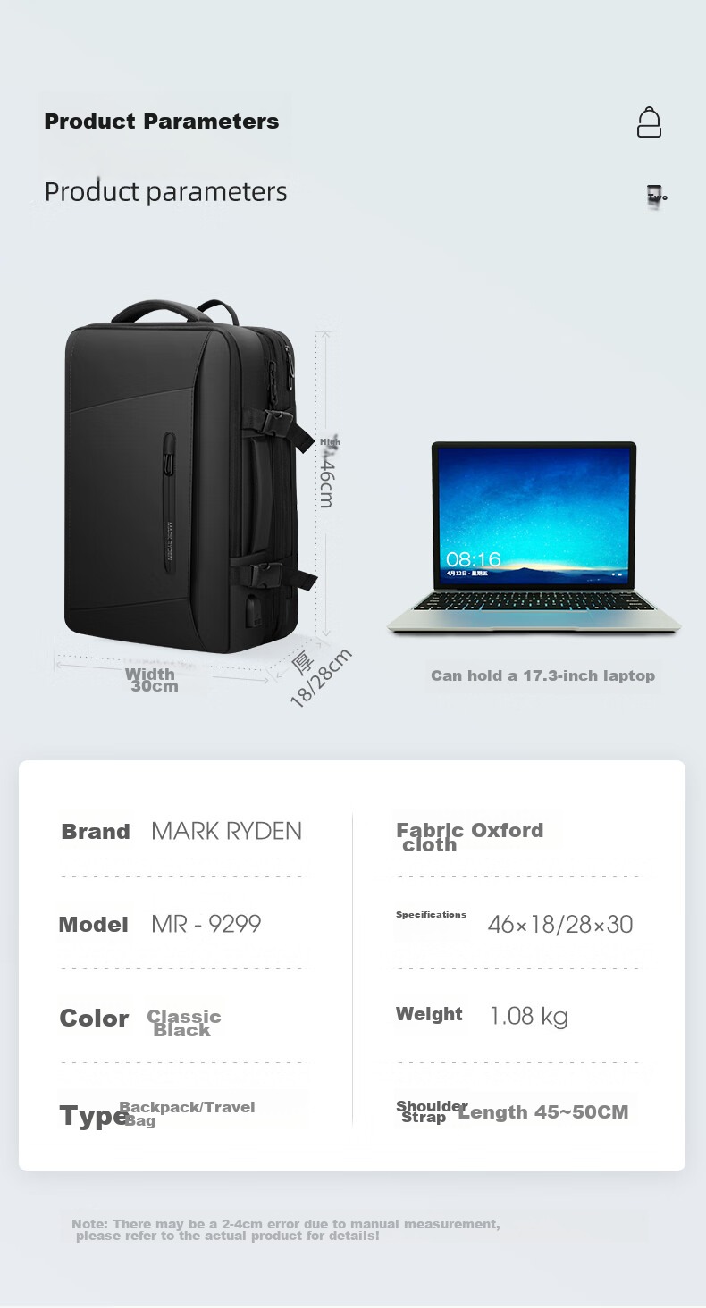 MARK RYDEN Backpack, Double Shoulder Bag, Large Capacity Travel Laptop Bag, Notebook 17.3-Inch Business Bag, Expandable Capacity, Gift-Giving 17