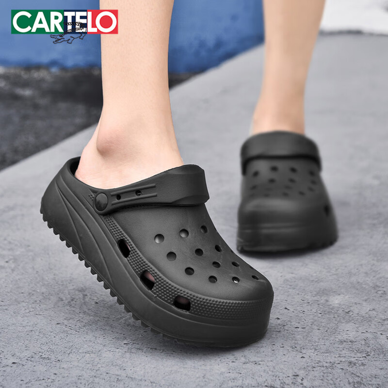 CARTELO Women's Perforated Sandals, Summer Casual Beach Shoes, Soft-Soled Slippers for Women, 0808 Black, Size 37-38