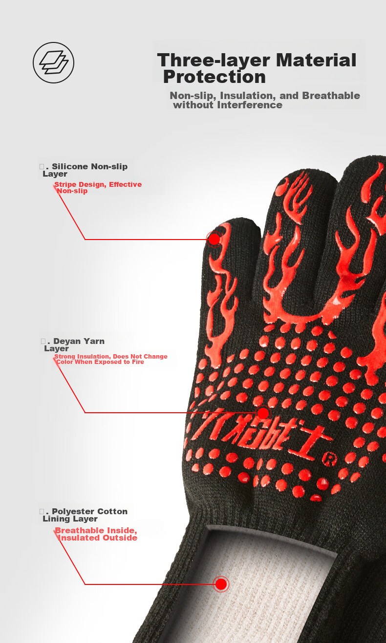 Huoyanzhanshi Heat-Resistant Gloves, 800-Degree Insulation Gloves, Flame-Retardant Fireproof Gloves, Industrial Yiqian Silk Fiber Silicone Gloves for Microwave Oven, Barbecue, Oven, Thickened Anti-Scalding Gloves 4