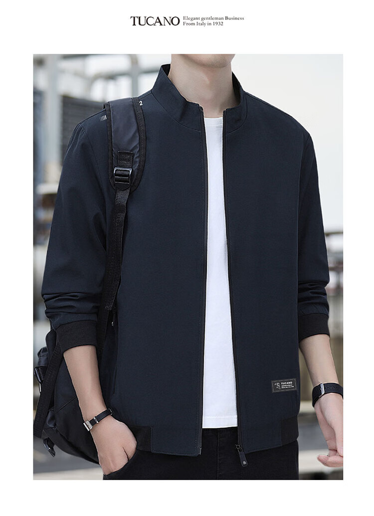 TUCANO Men's Jacket, Spring And Autumn Business Casual Executive Stand-Collar Loose-Fit Coat, Black, Size L 1