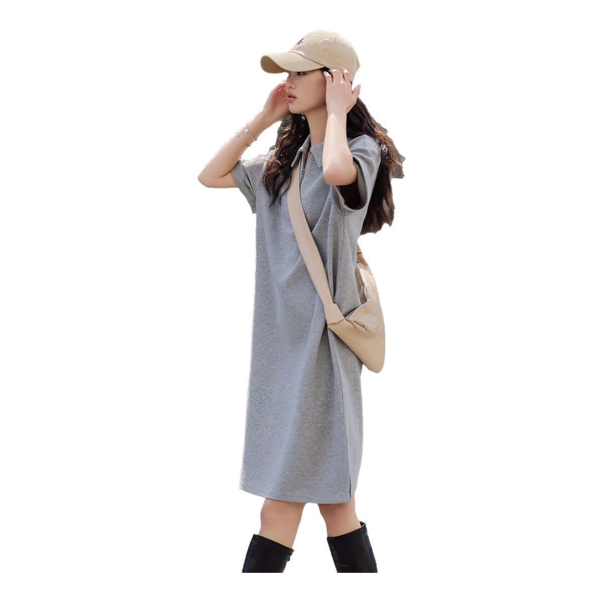 Dme [Waffle Skirt] Summer Polo Collar Zipper Short-Sleeve Waffle Dress