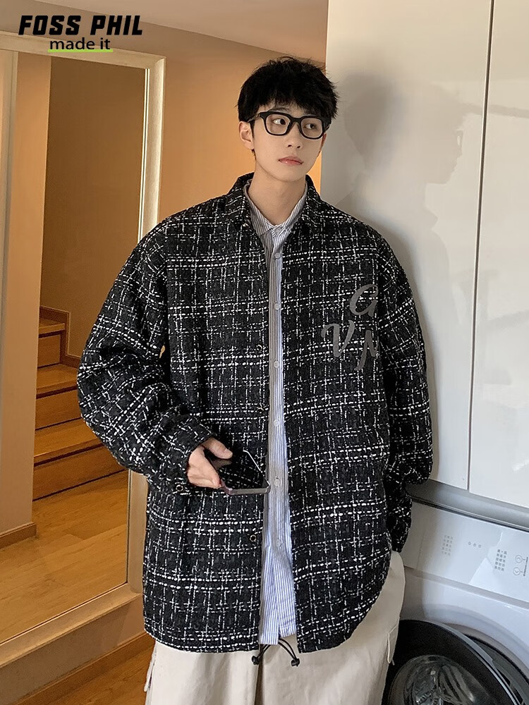 Foss Phil Men's Jacket, Spring And Autumn Fashion Brand Chanel-Style Coat, Plaid Lapel, Korean Version Loose Outerwear, FPJK10 Black M 8