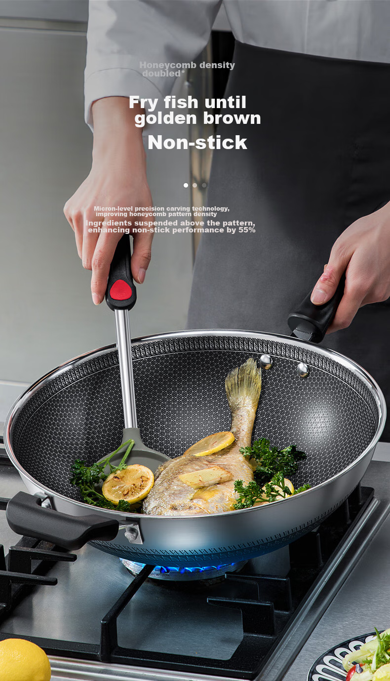 COOKER KING Wok, 316 Stainless Steel Frying Pan, Double-Sided Honeycomb Pattern Non-Stick Pan, 32cm, Can Be Used on Gas Or Induction Stoves, with Visible Lid And Stand 6