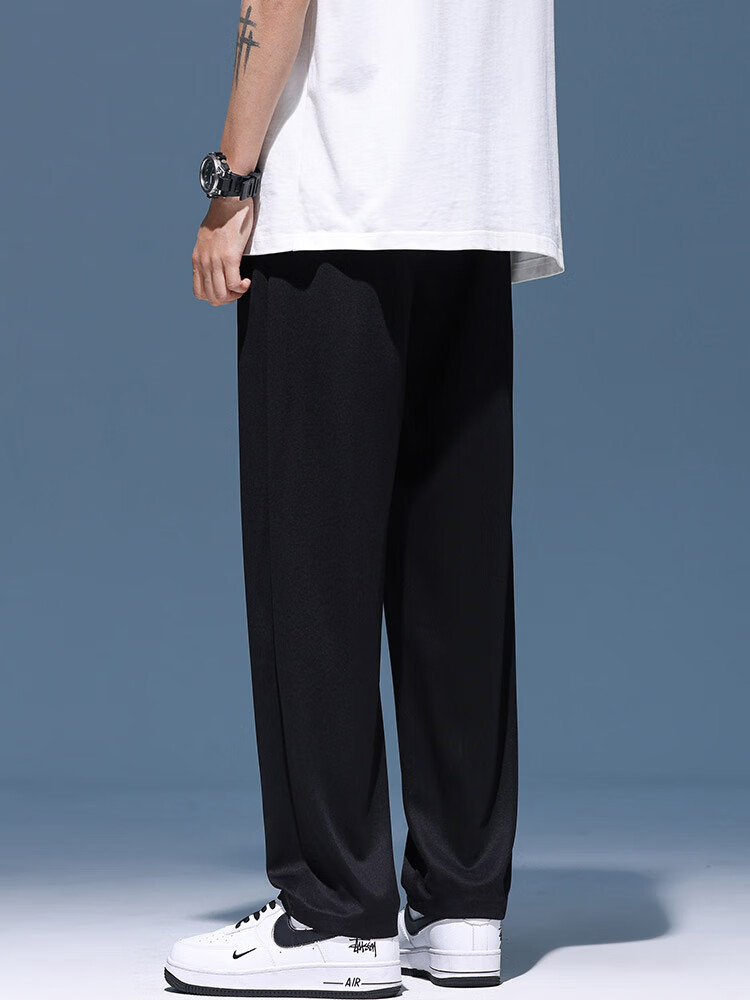POUM Trendy Pants for Men, Spring And Autumn Thin Quick-Dry Draping Cool Wide-Leg Straight Trousers YM09 Black L 4