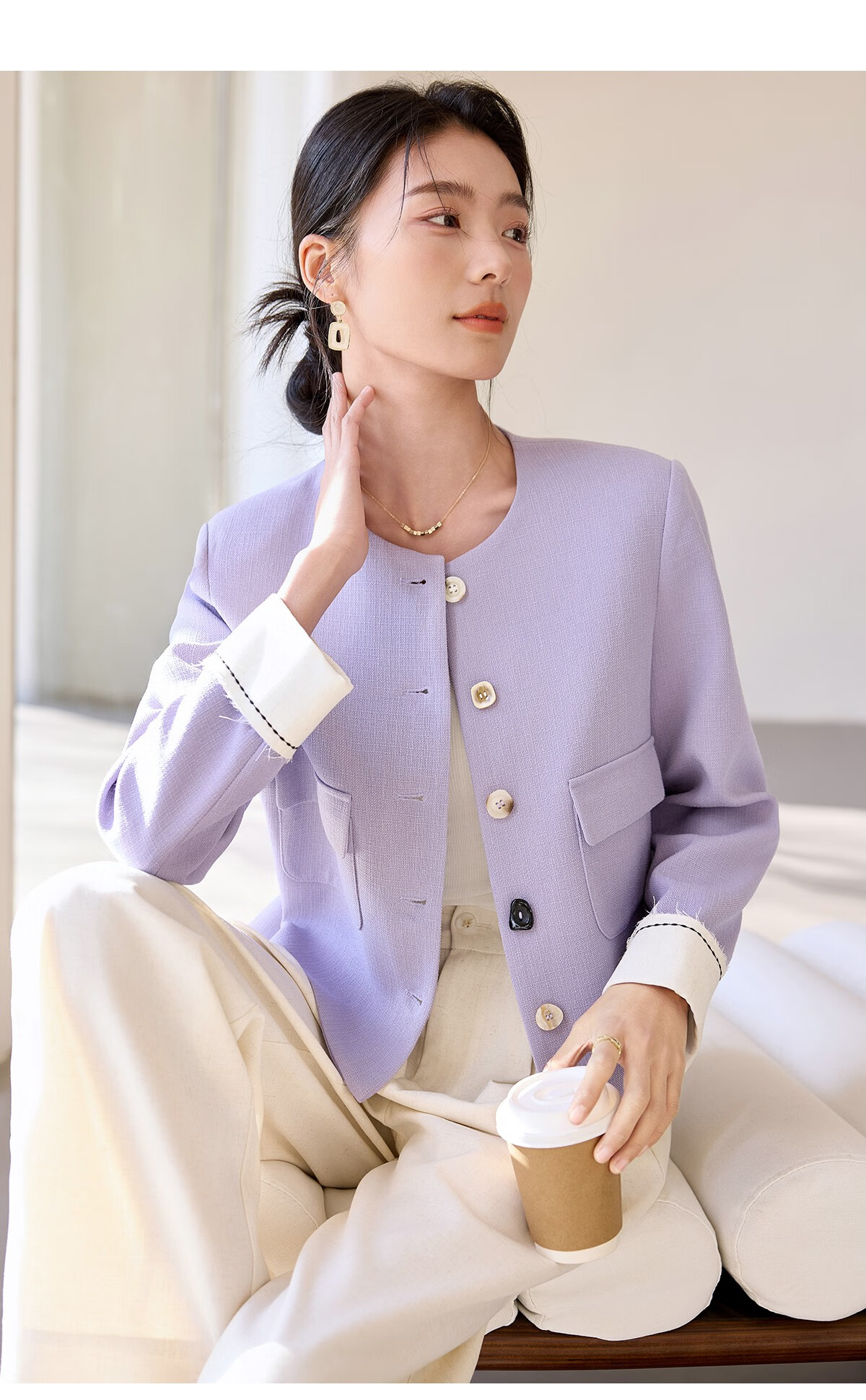 Chushen Women's Short Jacket for Spring And Autumn, Gentle Purple Elegant Chanel-Style Short H-Type Casual Coat for Petite Women S51D035 23
