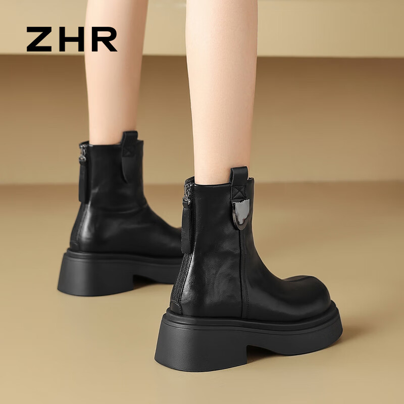 ZHR Women's Winter Vintage British Style Martin Boots with Fleece, Chunky Heel, Thick Sole Short Boots KN02A Black Size 38