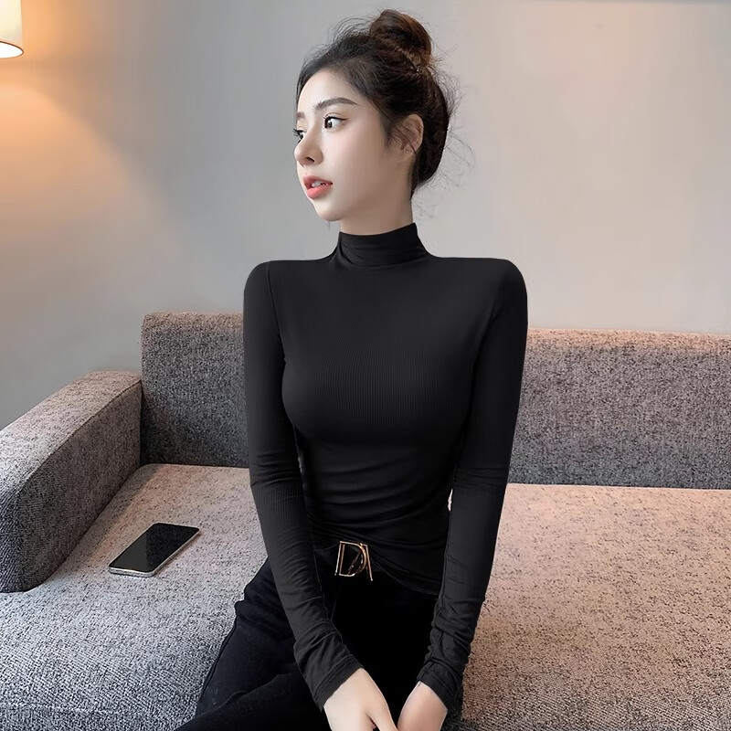 TUCANO Women's Long-Sleeve Base Layer, Regular Shoulder, Semi-Turtleneck, Versatile, Slimming, Spring And Autumn New Style, Inner Wear, Tight-Fitting Top, Black, 2XL 2