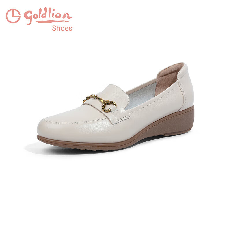 Goldlion Women's Shoes, Mom Leather Shoes, Slip-On Shallow Mouth Women's Flats, Wedge Round Toe Loafers, G662330071, Beige, Size 35