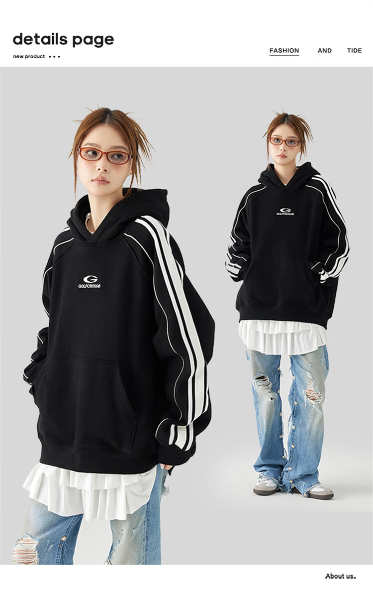 GOLFCROSS Couple's Retro Academic Style Striped Patchwork Color-Block Letter Embroidery Hoodie, Black, XXXL 1