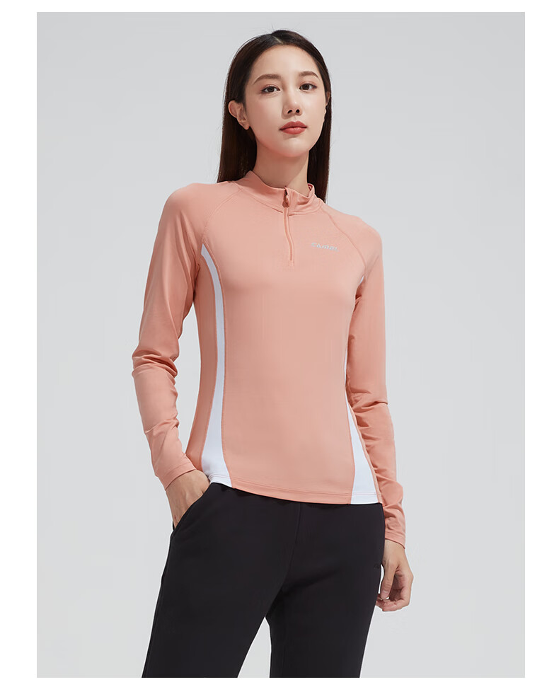 CAMEL Thin Fleece Sports Top for Women, Stand-Up Collar Long Sleeve Running Fitness T-Shirt C1W14L0623 Peach Pink S 31