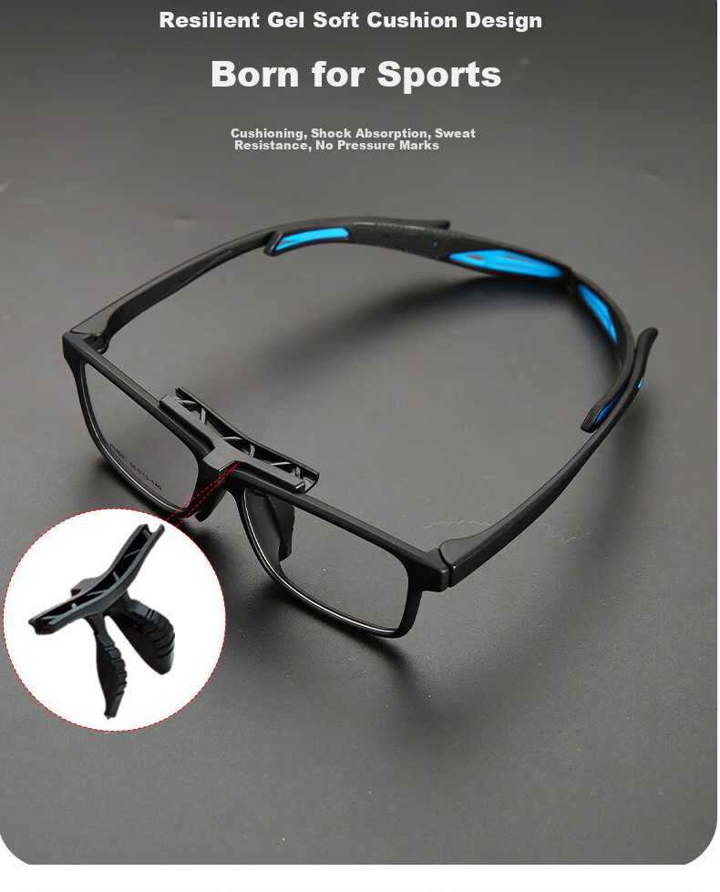 Cuntiandaofu Basketball Glasses, Anti-Blue Light Glasses, Outdoor Sports Protective Goggles, Non-Prescription Glasses, Black Frame with Blue Temple + Sports Nose Pads 8