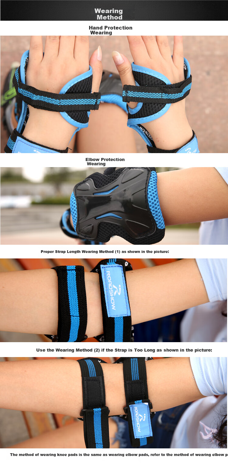 ROADSHOW Roller Skating Protective Gear Adult Knee Pads Elbow Pads Hand Guards Six-Piece Set Skateboard Inline Skates Ice Skates Complete Protective Gear Set 5