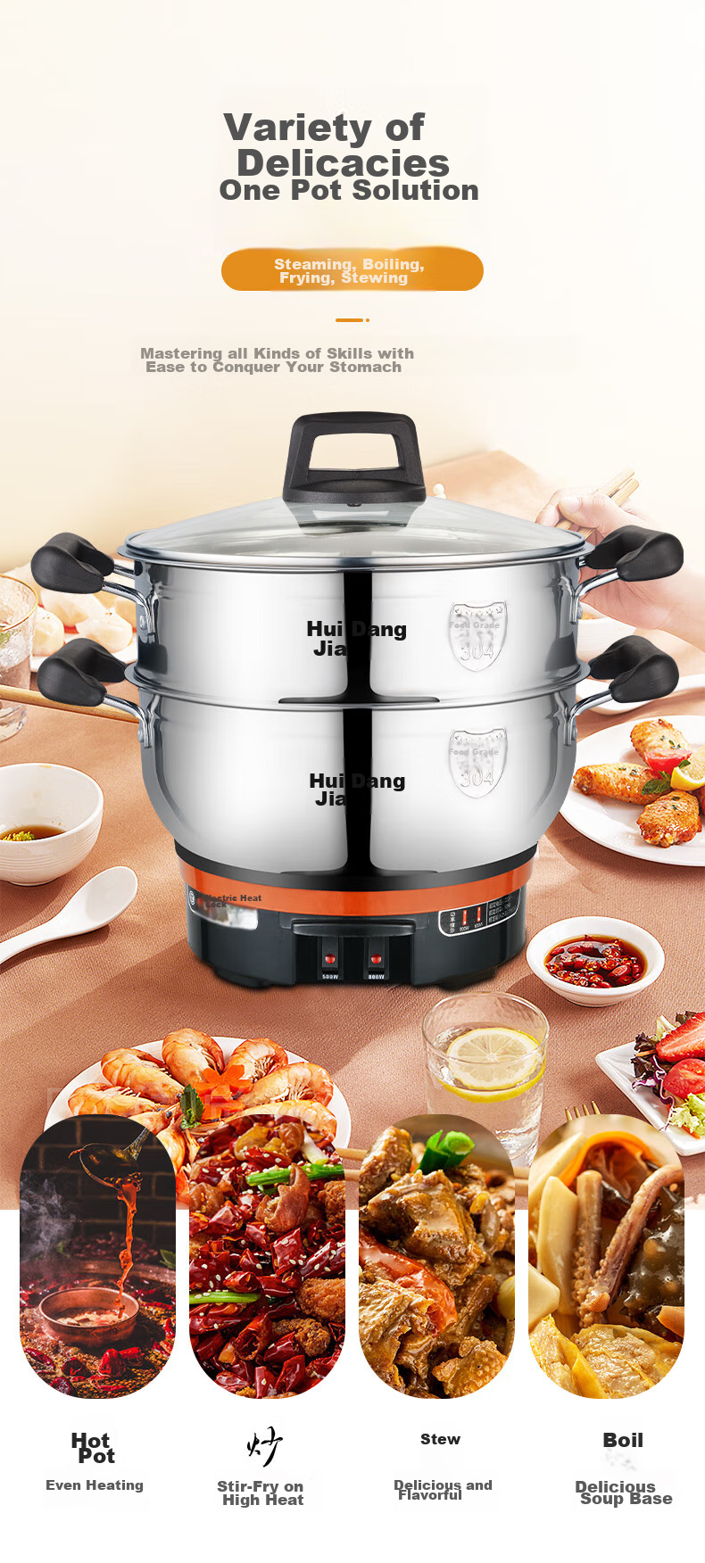 Hui Dang Jia Electric Steamer Pot, Electric Cooking Pot, Electric Wok, Multifunctional Electric Hot Pot, 316L Stainless Steel Electric Pot, All-In Electric Hot Pot, Multi-Purpose Pot G31-28 5
