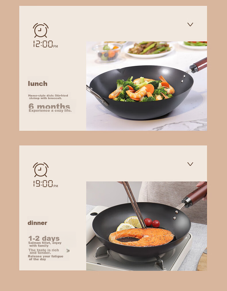 RIVER LIGHT Japanese Imported Cookware Set, Cast Iron Wok for Home Cooking, 33cm + 28cm Steak Pan, Flat Bottom Pan, Non-Coated Iron Pan, Compatible with Induction And Gas Stoves 12