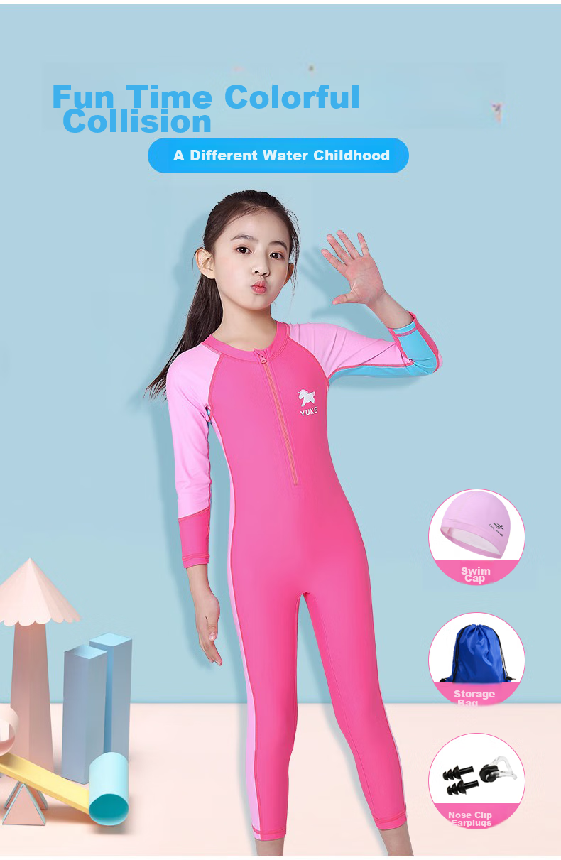 Yuke Children's Swimsuit, One-Piece Dress Style for Older Girls, Swimwear Set (Including Swimming Cap, Storage Bag, And Compressed Towel) 3