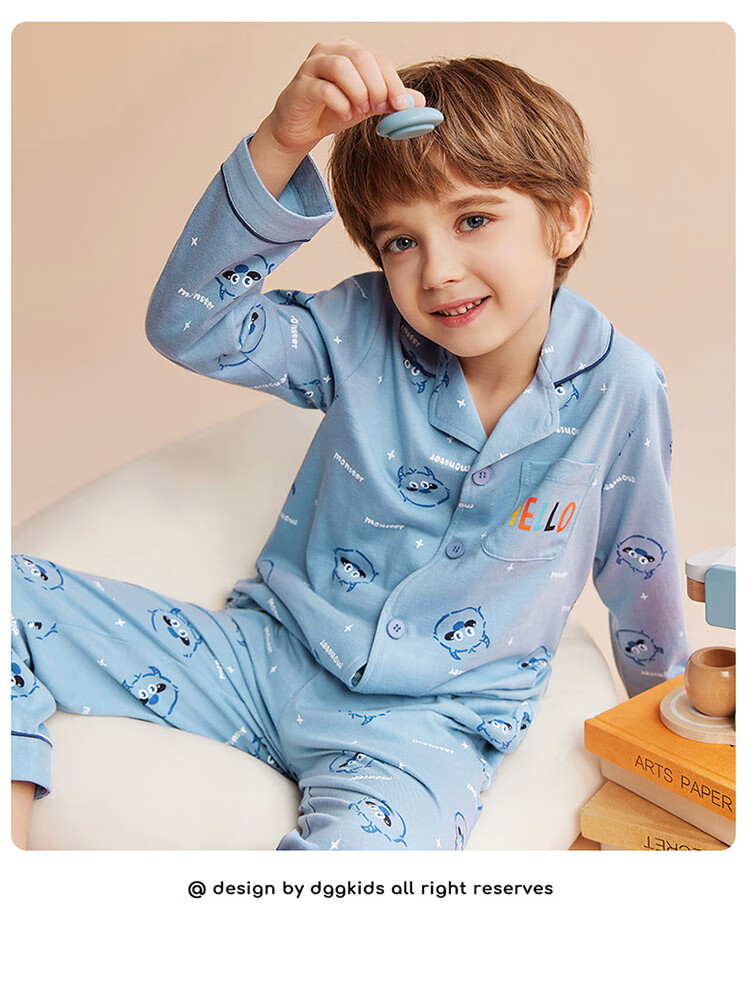 Dingguagua Children's Pajama Set, Spring And Summer Pure Cotton, for Older Boys, Home Wear with Open Front, Light Blue, Size 120 8
