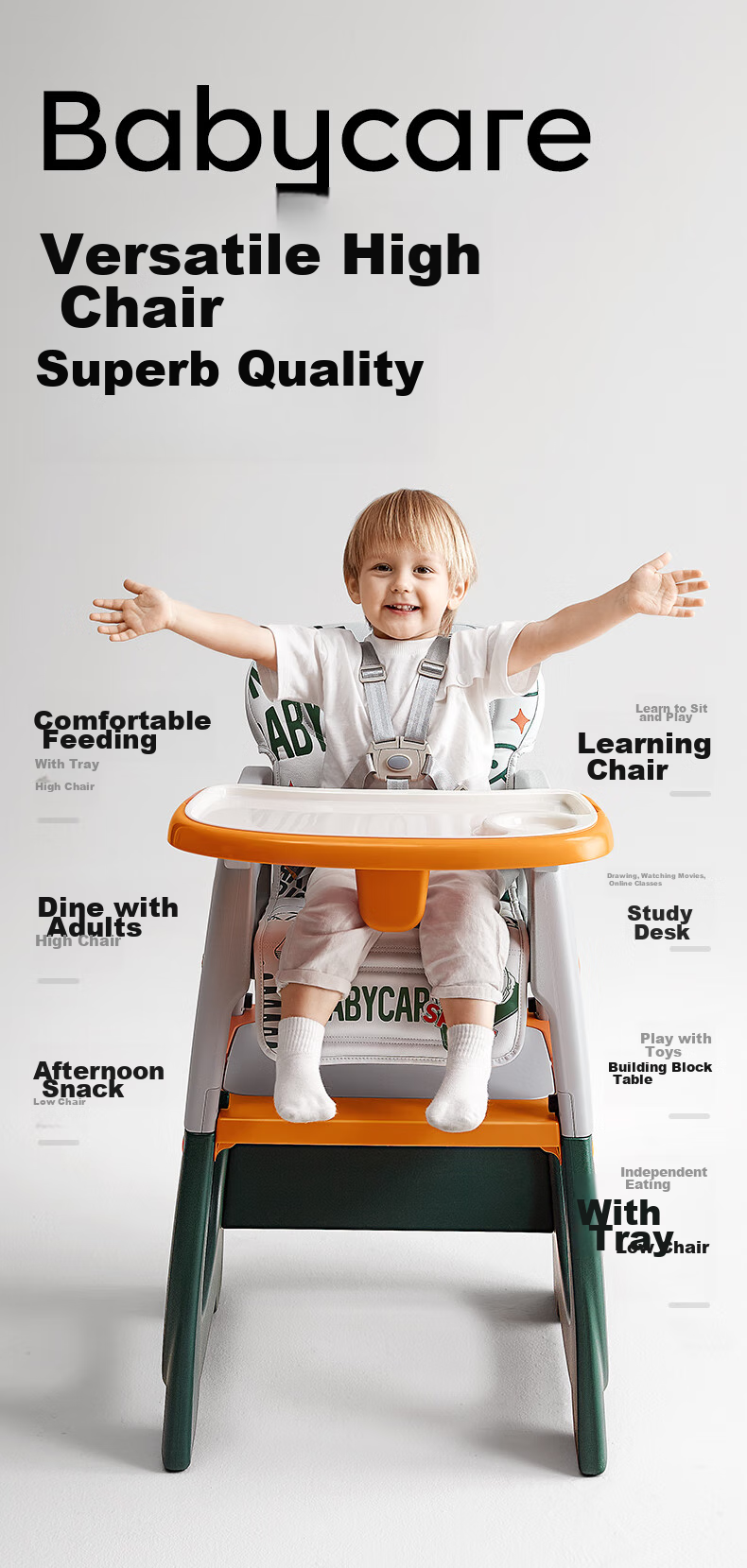 Babycare Multifunctional Baby High Chair, Safe And Anti-Fall Children's Dining Seat, Suitable for 6 Months+, Taler Gree 1