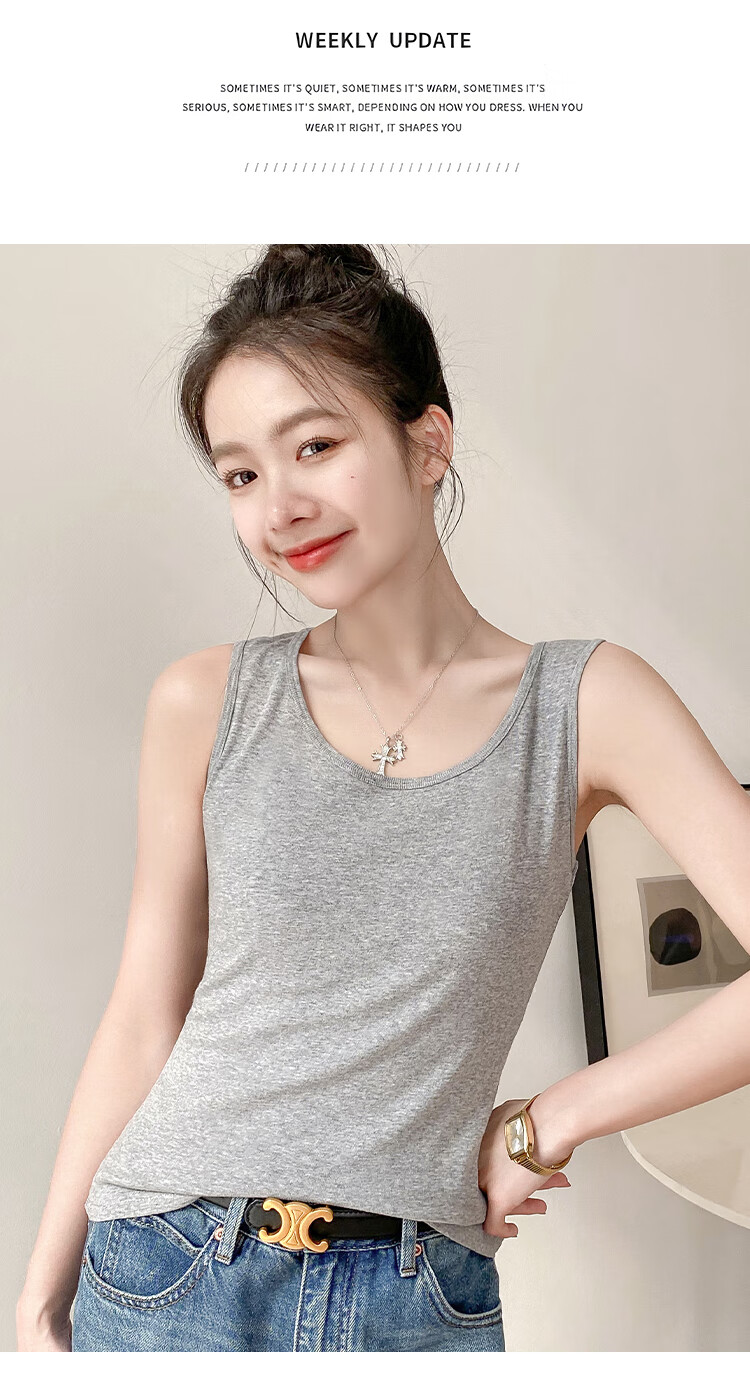 Hengyuanxiang [Pure Cotton] Women's Camisole Tank Top, Beautiful Back Design, Can Be Worn As Outerwear, Round Neck - Gray 17