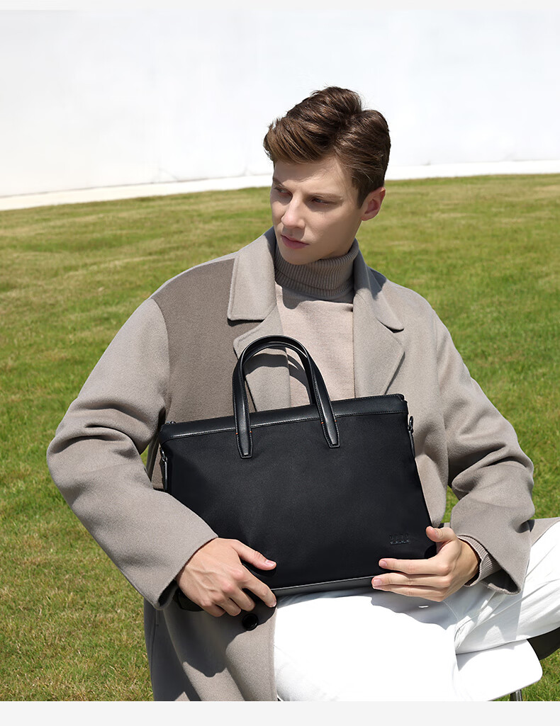ELLE HOMME Business Men's Briefcase, Nylon Canvas Handbag, Crossbody 14-Inch Laptop Bag, 14610 Black 3