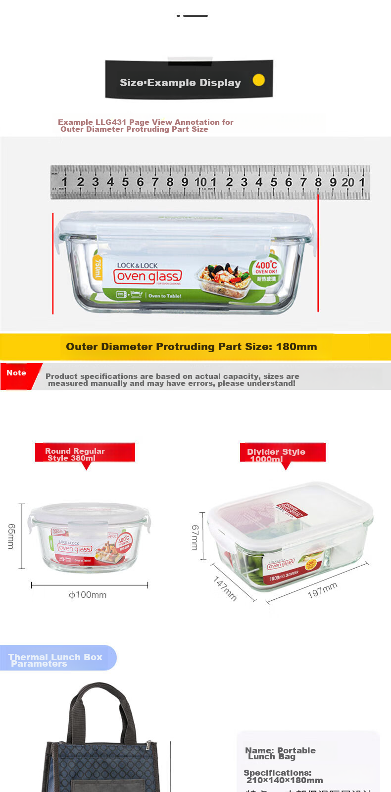 LOCK&LOCK Divided Glass Food Storage Containers Two-Piece Set, Microwave-Safe Lunch Boxes, with Bento Bag, 1L+380ml 7
