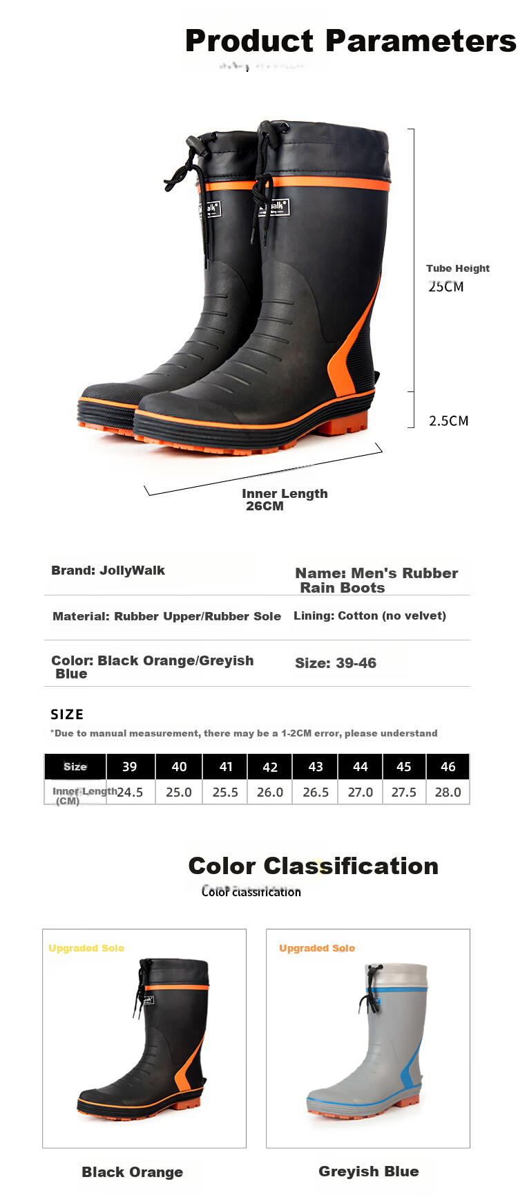 Jolly Walk New Rubber Rain Boots, Outdoor Fishing Waterproof Boots with Protective Cuffs, Black And Orange (New Cowhide Sole), Size 42 10