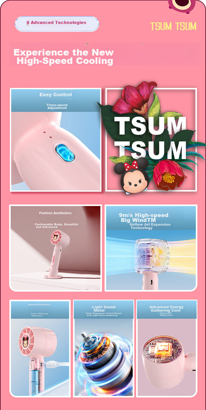Baosou Portable Handheld Mini Fan with Built-in Light and Lanyard, Rechargeable, 3-Speed Strong Wind, Quiet, Pink 3