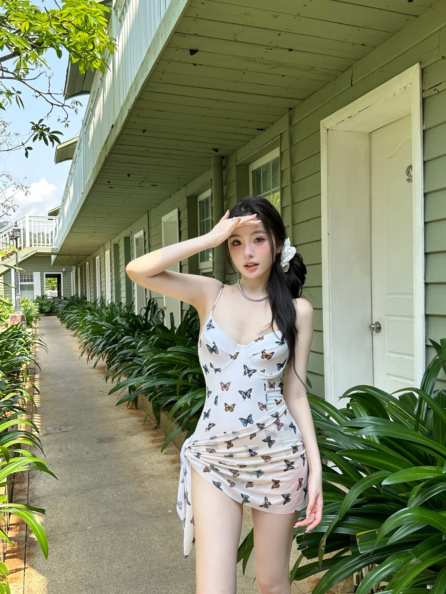 OMOM Women's One-Piece Swimsuit Sexy Pure Temptation Butterfly Print Slimming Whitening Vacation Off-White L 7