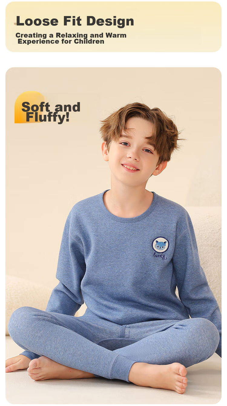LangSha [Thickened School Uniform Essential] Children's Thermal Underwear, Boys' Three-Layer Padded Autumn Top And Pants, Pajama Set 9