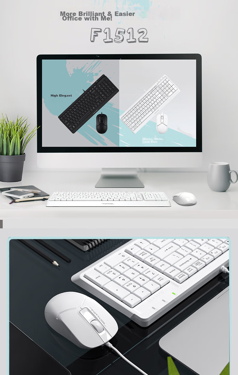 A4TECH F1512, 103-Key Wired Keyboard And Mouse Set, Wired Keyboard And Mouse Combo for Computer, Thin Film Keyboard with Good Typing Experience, Fei Shidai, Ivory White, Wired 4