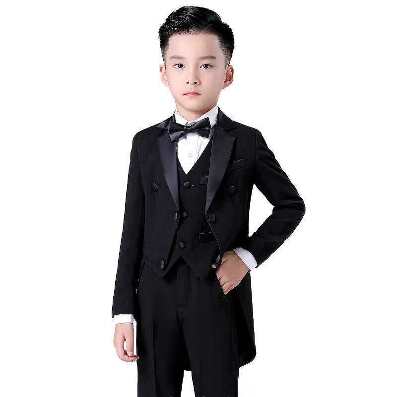 Luomeng Boys' Formal Suit Set, Little Host Piano Performance Outfit, Flower Boy Tailcoat, Black, Size 170