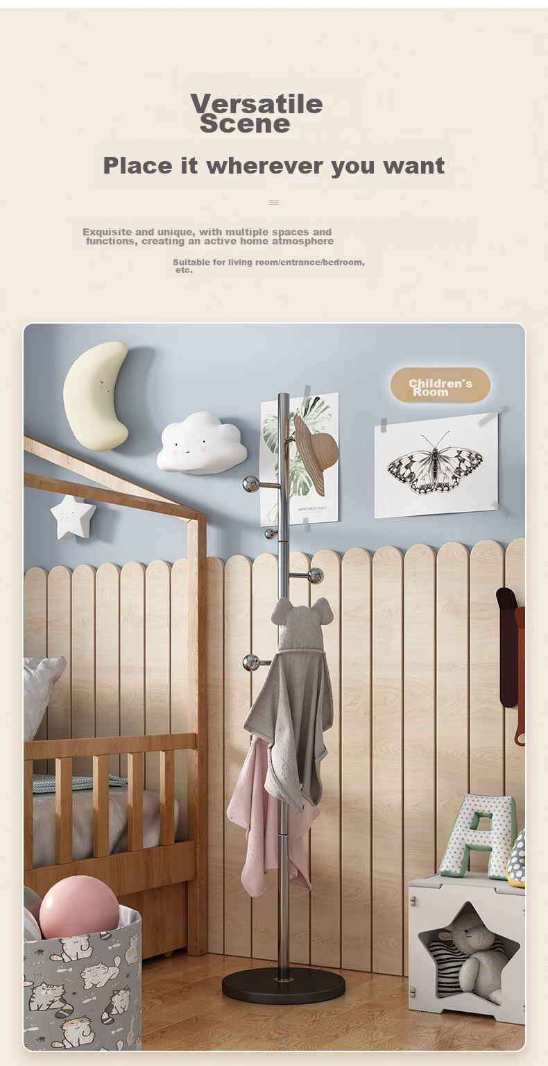 Milin Coat Rack, Floor-Standing Bedroom Clothes Hanger, Garment Stand Pole, Home Use Bag Rack, Stainless Steel Base with Branch Desig 8