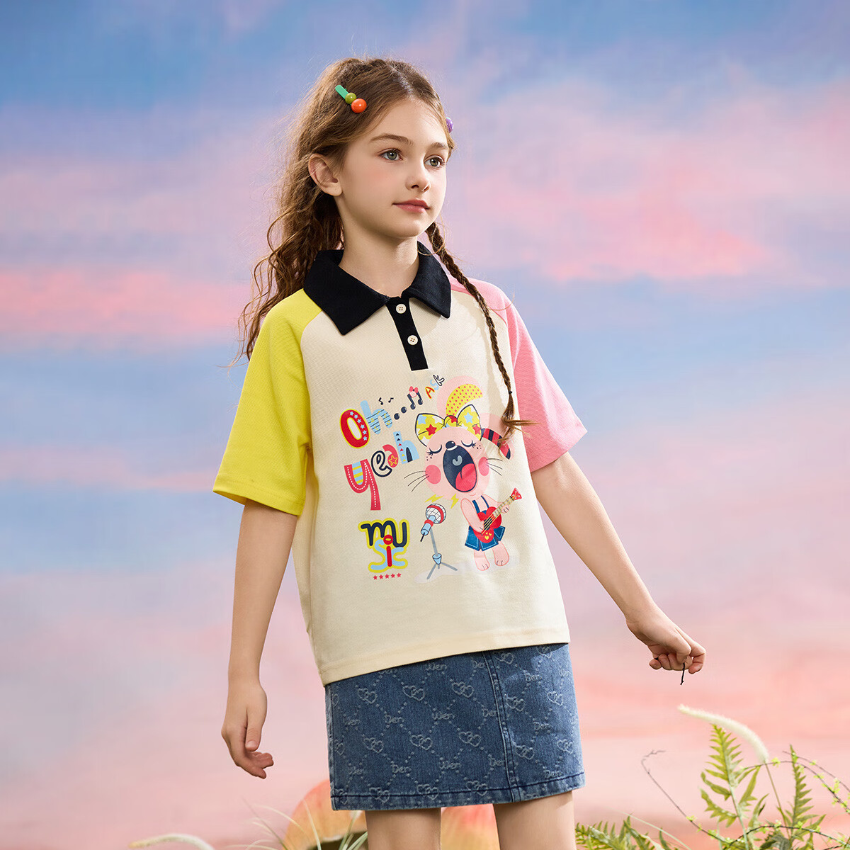 ASK JUNIOR Children's Thin Summer T-Shirt, Breathable Color-Block Sweet Casual Short-Sleeve Top for Girls, Beige 6