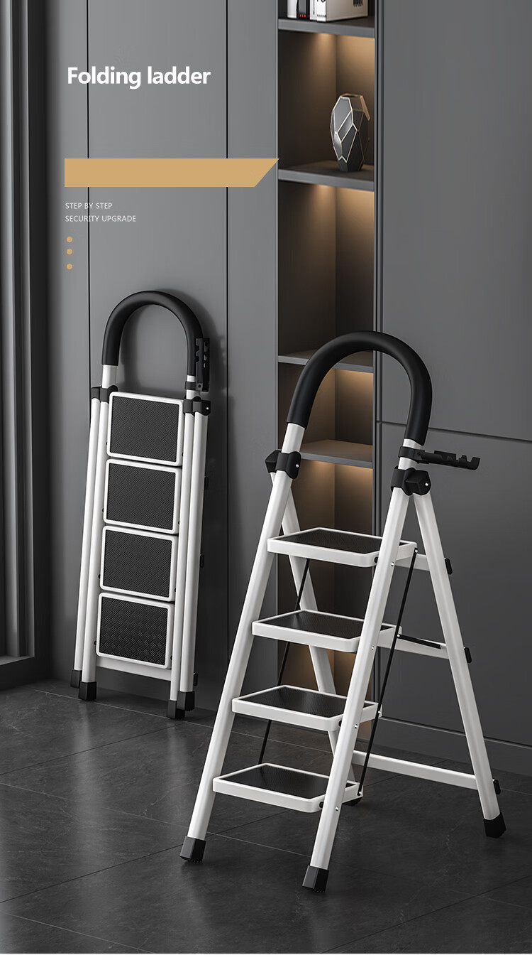 Huakaizhixing Folding Ladder, Household A-Frame Ladder, Multi-Functional Pipe Wall Thickened Carbon Steel Indoor Small Ladder, TZ62 White Five Steps 2