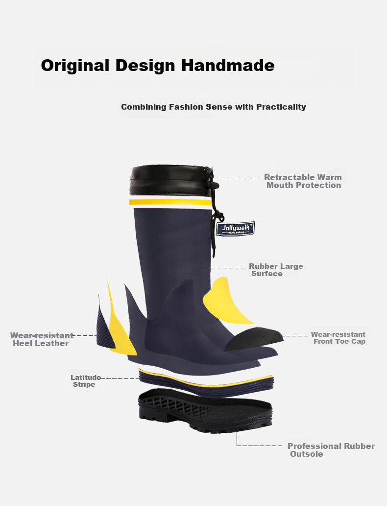 Jolly Walk Water Boots, Rain Boots for Men, High-Top Rain Boots, Long Fishing Boots, Car Washing Waterproof Overshoes, Rubber Boots JW211 Blue Yellow 42 6
